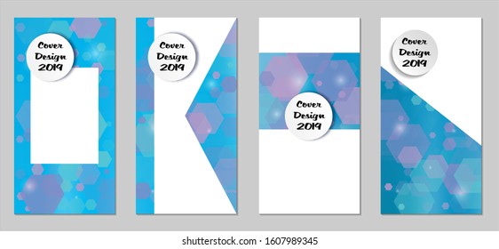 Modern Tech Covers with Blue Hexagons, Lights and Bokeh. Set of Technic Colorful Posters. Trendy Vertical Banners Design with White Form. Sale Brochures. Vacation Ads. Tech Backgrounds.