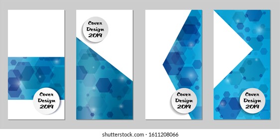 Modern Tech Covers with Blue Hexagons, Lights and Bokeh. Set of Technic Colorful Posters. Trendy Vertical Banners Design with White Form. Sale Brochures. Vacation Ads. Tech Backgrounds.
