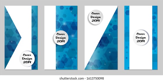 Modern Tech Covers with Blue Hexagons, Lights and Bokeh. Set of Technic Colorful Posters. Trendy Vertical Banners Design with White Form. Sale Brochures. Vacation Ads. Tech Backgrounds.