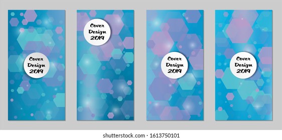 Modern Tech Covers with Blue Hexagons, Lights and Bokeh. Set of Technic Colorful Posters. Trendy Vertical Banners Design with White Form. Sale Brochures. Vacation Ads. Tech Backgrounds.