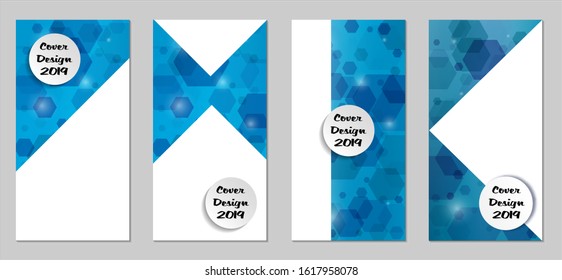 Modern Tech Covers with Blue Hexagons, Lights and Bokeh. Set of Technic Colorful Posters. Trendy Vertical Banners Design with White Form. Sale Brochures. Vacation Ads. Tech Backgrounds.