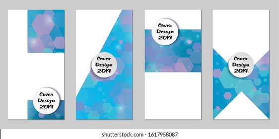 Modern Tech Covers with Blue Hexagons, Lights and Bokeh. Set of Technic Colorful Posters. Trendy Vertical Banners Design with White Form. Sale Brochures. Vacation Ads. Tech Backgrounds.