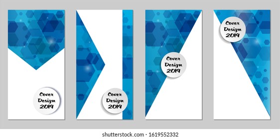 Modern Tech Covers with Blue Hexagons, Lights and Bokeh. Set of Technic Colorful Posters. Trendy Vertical Banners Design with White Form. Sale Brochures. Vacation Ads. Tech Backgrounds.
