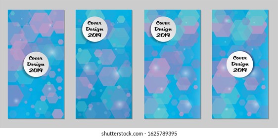 Modern Tech Covers with Blue Hexagons, Lights and Bokeh. Set of Technic Colorful Posters. Trendy Vertical Banners Design with White Form. Sale Brochures. Vacation Ads. Tech Backgrounds.