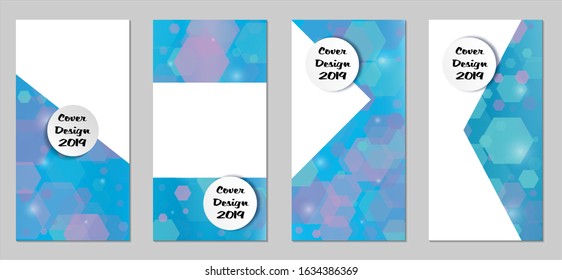 Modern Tech Covers with Blue Hexagons, Lights and Bokeh. Set of Technic Colorful Posters. Trendy Vertical Banners Design with White Form. Sale Brochures. Vacation Ads. Tech Backgrounds.
