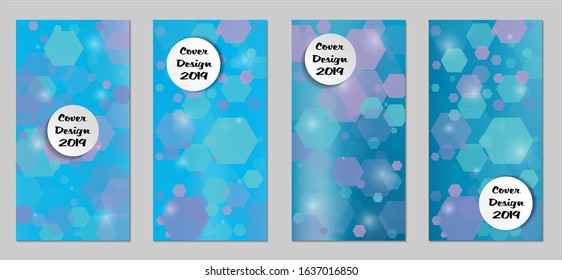 Modern Tech Covers with Blue Hexagons, Lights and Bokeh. Set of Technic Colorful Posters. Trendy Vertical Banners Design with White Form. Sale Brochures. Vacation Ads. Tech Backgrounds.