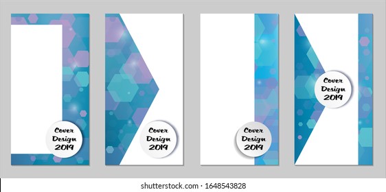 Modernas tapas tecnológicas con Hexagons azules, luces y bokeh. Juego de carteles técnicos coloridos. Diseño de banners verticales con forma blanca. Folletos de venta. Anuncios de vacaciones. Fondos tecnológicos.