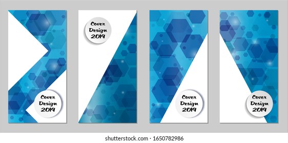 Modern Tech Covers with Blue Hexagons, Lights and Bokeh. Set of Technic Colorful Posters. Trendy Vertical Banners Design with White Form. Sale Brochures. Vacation Ads. Tech Backgrounds.