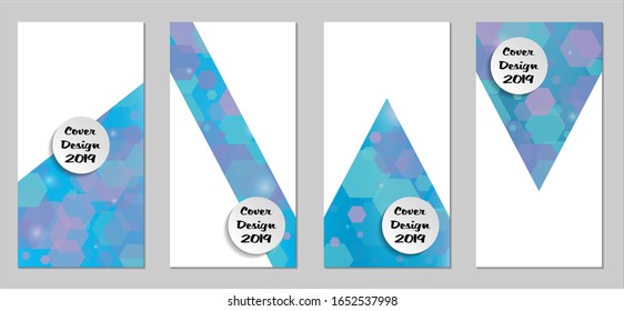 Modern Tech Covers with Blue Hexagons, Lights and Bokeh. Set of Technic Colorful Posters. Trendy Vertical Banners Design with White Form. Sale Brochures. Vacation Ads. Tech Backgrounds.