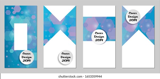 Modernas tapas tecnológicas con Hexagons azules, luces y bokeh. Juego de carteles técnicos coloridos. Diseño de banners verticales con forma blanca. Folletos de venta. Anuncios de vacaciones. Fondos tecnológicos.