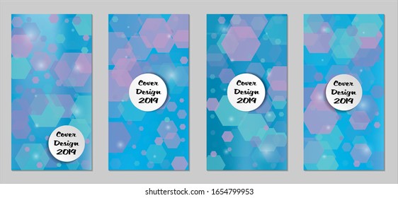Modernas tapas tecnológicas con Hexagons azules, luces y bokeh. Juego de carteles técnicos coloridos. Diseño de banners verticales con forma blanca. Folletos de venta. Anuncios de vacaciones. Fondos tecnológicos.