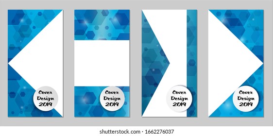 Modern Tech Covers with Blue Hexagons, Lights and Bokeh. Set of Technic Colorful Posters. Trendy Vertical Banners Design with White Form. Sale Brochures. Vacation Ads. Tech Backgrounds.