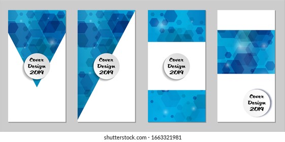 Modernas tapas tecnológicas con Hexagons azules, luces y bokeh. Juego de carteles técnicos coloridos. Diseño de banners verticales con forma blanca. Folletos de venta. Anuncios de vacaciones. Fondos tecnológicos.
