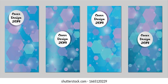 Modern Tech Covers with Blue Hexagons, Lights and Bokeh. Set of Technic Colorful Posters. Trendy Vertical Banners Design with White Form. Sale Brochures. Vacation Ads. Tech Backgrounds.