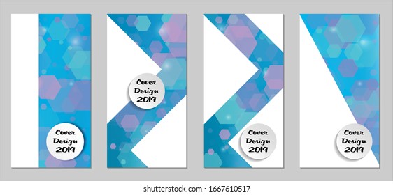Modernas tapas tecnológicas con Hexagons azules, luces y bokeh. Juego de carteles técnicos coloridos. Diseño de banners verticales con forma blanca. Folletos de venta. Anuncios de vacaciones. Fondos tecnológicos.