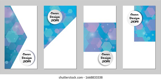 Modernas tapas tecnológicas con Hexagons azules, luces y bokeh. Juego de carteles técnicos coloridos. Diseño de banners verticales con forma blanca. Folletos de venta. Anuncios de vacaciones. Fondos tecnológicos.