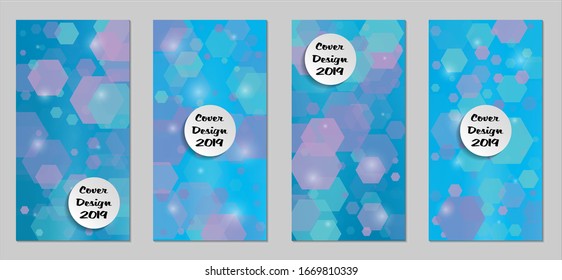 Modern Tech Covers with Blue Hexagons, Lights and Bokeh. Set of Technic Colorful Posters. Trendy Vertical Banners Design with White Form. Sale Brochures. Vacation Ads. Tech Backgrounds.