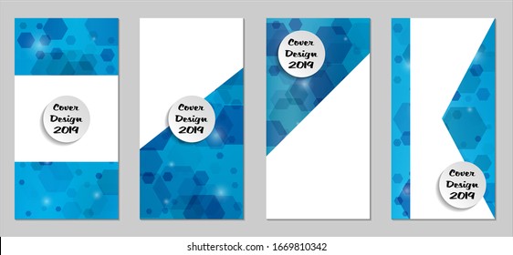 Modernas tapas tecnológicas con Hexagons azules, luces y bokeh. Juego de carteles técnicos coloridos. Diseño de banners verticales con forma blanca. Folletos de venta. Anuncios de vacaciones. Fondos tecnológicos.