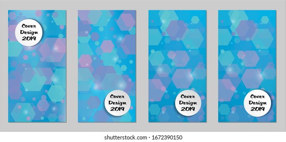 Modern Tech Covers with Blue Hexagons, Lights and Bokeh. Set of Technic Colorful Posters. Trendy Vertical Banners Design with White Form. Sale Brochures. Vacation Ads. Tech Backgrounds.
