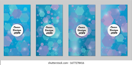 Modern Tech Covers with Blue Hexagons, Lights and Bokeh. Set of Technic Colorful Posters. Trendy Vertical Banners Design with White Form. Sale Brochures. Vacation Ads. Tech Backgrounds.