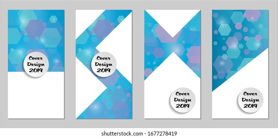 Modernas tapas tecnológicas con Hexagons azules, luces y bokeh. Juego de carteles técnicos coloridos. Diseño de banners verticales con forma blanca. Folletos de venta. Anuncios de vacaciones. Fondos tecnológicos.