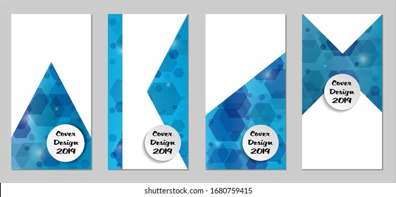 Modern Tech Covers with Blue Hexagons, Lights and Bokeh. Set of Technic Colorful Posters. Trendy Vertical Banners Design with White Form. Sale Brochures. Vacation Ads. Tech Backgrounds.