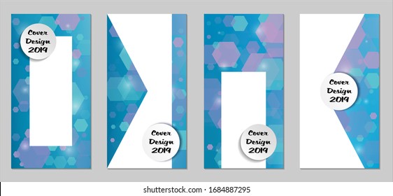 Modernas tapas tecnológicas con Hexagons azules, luces y bokeh. Juego de carteles técnicos coloridos. Diseño de banners verticales con forma blanca. Folletos de venta. Anuncios de vacaciones. Fondos tecnológicos.