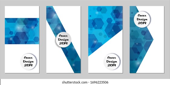 Modernas tapas tecnológicas con Hexagons azules, luces y bokeh. Juego de carteles técnicos coloridos. Diseño de banners verticales con forma blanca. Folletos de venta. Anuncios de vacaciones. Fondos tecnológicos.