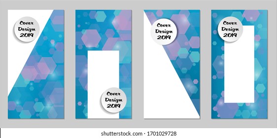 Modernas tapas tecnológicas con Hexagons azules, luces y bokeh. Juego de carteles técnicos coloridos. Diseño de banners verticales con forma blanca. Folletos de venta. Anuncios de vacaciones. Fondos tecnológicos.