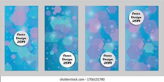 Modernas tapas tecnológicas con Hexagons azules, luces y bokeh. Juego de carteles técnicos coloridos. Diseño de banners verticales con forma blanca. Folletos de venta. Anuncios de vacaciones. Fondos tecnológicos.