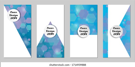 Modern Tech Covers with Blue Hexagons, Lights and Bokeh. Set of Technic Colorful Posters. Trendy Vertical Banners Design with White Form. Sale Brochures. Vacation Ads. Tech Backgrounds.