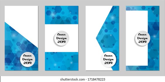 Modern Tech Covers with Blue Hexagons, Lights and Bokeh. Set of Technic Colorful Posters. Trendy Vertical Banners Design with White Form. Sale Brochures. Vacation Ads. Tech Backgrounds.