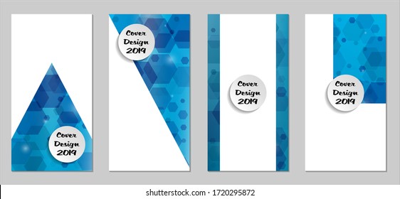 Modern Tech Covers with Blue Hexagons, Lights and Bokeh. Set of Technic Colorful Posters. Trendy Vertical Banners Design with White Form. Sale Brochures. Vacation Ads. Tech Backgrounds.