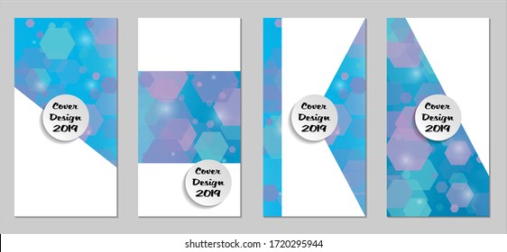 Modernas tapas tecnológicas con Hexagons azules, luces y bokeh. Juego de carteles técnicos coloridos. Diseño de banners verticales con forma blanca. Folletos de venta. Anuncios de vacaciones. Fondos tecnológicos.