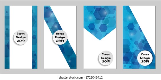 Modern Tech Covers with Blue Hexagons, Lights and Bokeh. Set of Technic Colorful Posters. Trendy Vertical Banners Design with White Form. Sale Brochures. Vacation Ads. Tech Backgrounds.