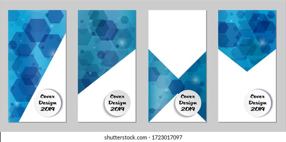 Modernas tapas tecnológicas con Hexagons azules, luces y bokeh. Juego de carteles técnicos coloridos. Diseño de banners verticales con forma blanca. Folletos de venta. Anuncios de vacaciones. Fondos tecnológicos.