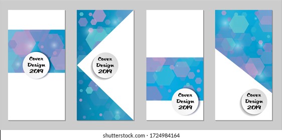 Modern Tech Covers with Blue Hexagons, Lights and Bokeh. Set of Technic Colorful Posters. Trendy Vertical Banners Design with White Form. Sale Brochures. Vacation Ads. Tech Backgrounds.