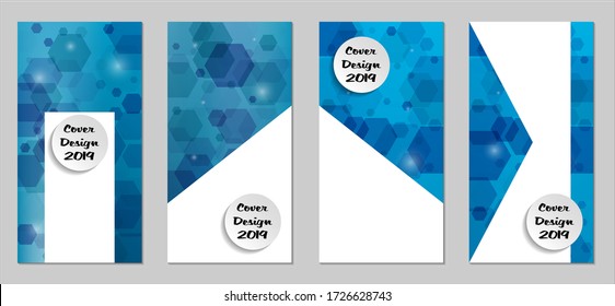 Modern Tech Covers with Blue Hexagons, Lights and Bokeh. Set of Technic Colorful Posters. Trendy Vertical Banners Design with White Form. Sale Brochures. Vacation Ads. Tech Backgrounds.
