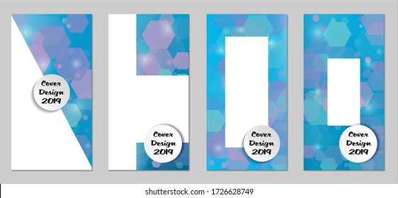 Coberturas tecnológicas modernas con exageraciones azules, luces y bokeh. Conjunto de afiches técnicos coloridos. Diseño de pancartas verticales de moda con forma blanca. Folletos de venta. Anuncios de vacaciones. Fondos tecnológicos.