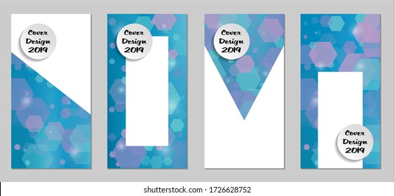 Coberturas tecnológicas modernas con exageraciones azules, luces y bokeh. Conjunto de afiches técnicos coloridos. Diseño de pancartas verticales de moda con forma blanca. Folletos de venta. Anuncios de vacaciones. Fondos tecnológicos.
