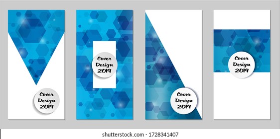 Modern Tech Covers with Blue Hexagons, Lights and Bokeh. Set of Technic Colorful Posters. Trendy Vertical Banners Design with White Form. Sale Brochures. Vacation Ads. Tech Backgrounds.