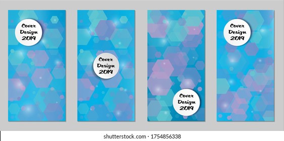 Modern Tech Covers with Blue Hexagons, Lights and Bokeh. Set of Technic Colorful Posters. Trendy Vertical Banners Design with White Form. Sale Brochures. Vacation Ads. Tech Backgrounds.