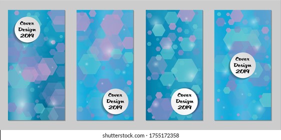 Modern Tech Covers with Blue Hexagons, Lights and Bokeh. Set of Technic Colorful Posters. Trendy Vertical Banners Design with White Form. Sale Brochures. Vacation Ads. Tech Backgrounds.