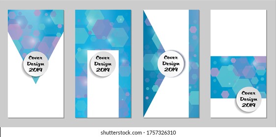 Modern Tech Covers with Blue Hexagons, Lights and Bokeh. Set of Technic Colorful Posters. Trendy Vertical Banners Design with White Form. Sale Brochures. Vacation Ads. Tech Backgrounds.