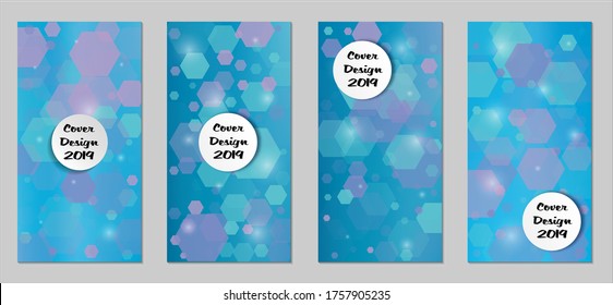 Modern Tech Covers with Blue Hexagons, Lights and Bokeh. Set of Technic Colorful Posters. Trendy Vertical Banners Design with White Form. Sale Brochures. Vacation Ads. Tech Backgrounds.