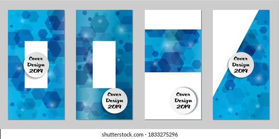 Coberturas tecnológicas modernas con exageraciones azules, luces y bokeh. Conjunto de afiches técnicos coloridos. Diseño de pancartas verticales de moda con forma blanca. Folletos de venta. Anuncios de vacaciones. Fondos tecnológicos.