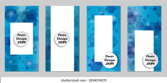 Coberturas tecnológicas modernas con exageraciones azules, luces y bokeh. Conjunto de afiches técnicos coloridos. Diseño de pancartas verticales de moda con forma blanca. Folletos de venta. Anuncios de vacaciones. Fondos tecnológicos.
