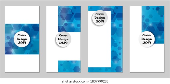 Modern Tech Covers with Blue Hexagons, Lights and Bokeh. Set of Technic Colorful Posters. Trendy Vertical Banners Design with White Form. Sale Brochures. Vacation Ads. Tech Backgrounds.
