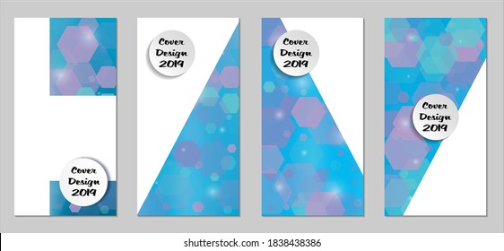 Modern Tech Covers with Blue Hexagons, Lights and Bokeh. Set of Technic Colorful Posters. Trendy Vertical Banners Design with White Form. Sale Brochures. Vacation Ads. Tech Backgrounds.