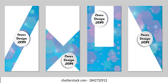 Modern Tech Covers with Blue Hexagons, Lights and Bokeh. Set of Technic Colorful Posters. Trendy Vertical Banners Design with White Form. Sale Brochures. Vacation Ads. Tech Backgrounds.